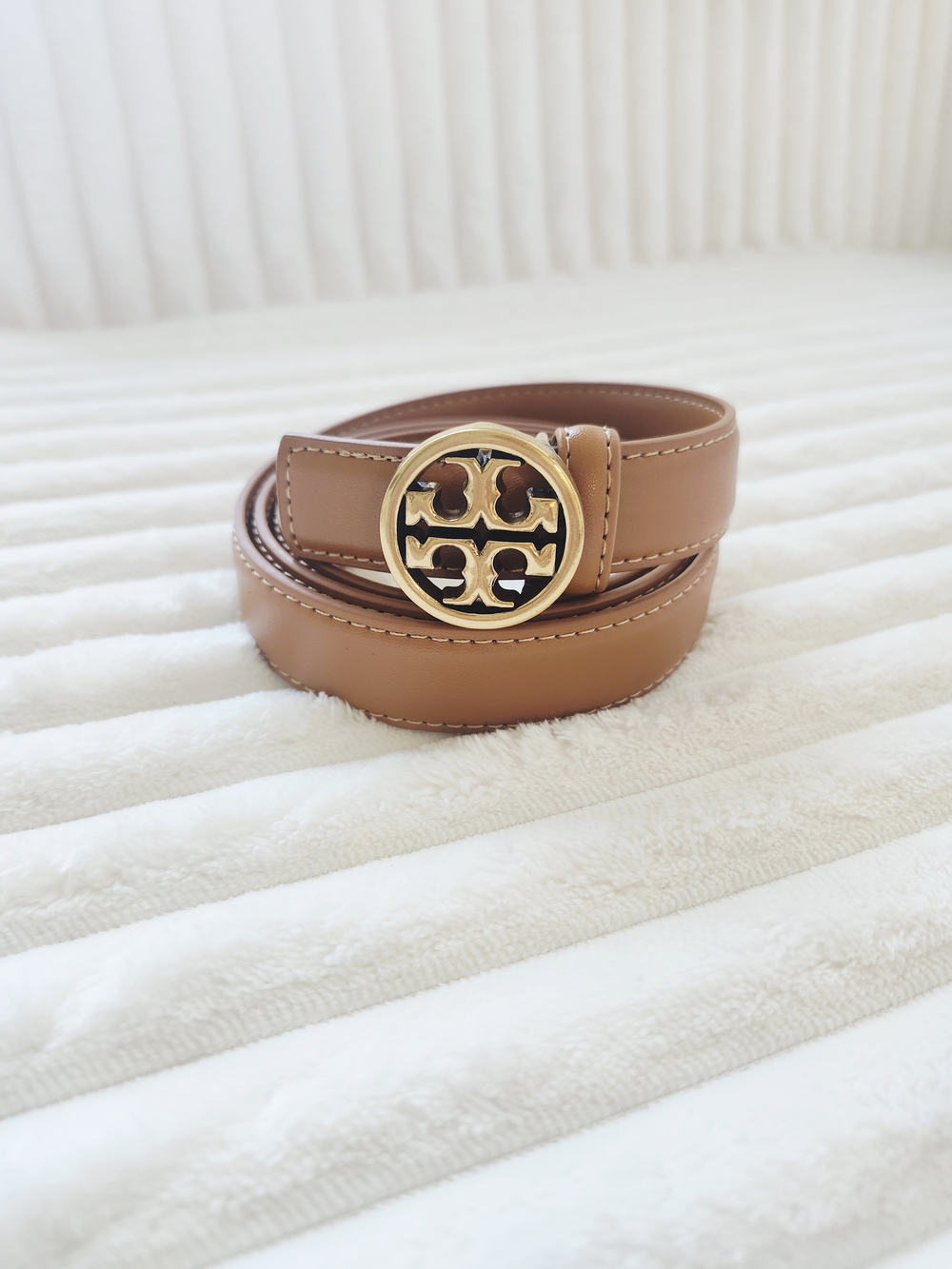 Tory Burch Cognac Leather Logo Belt Gold Double T Buckle
